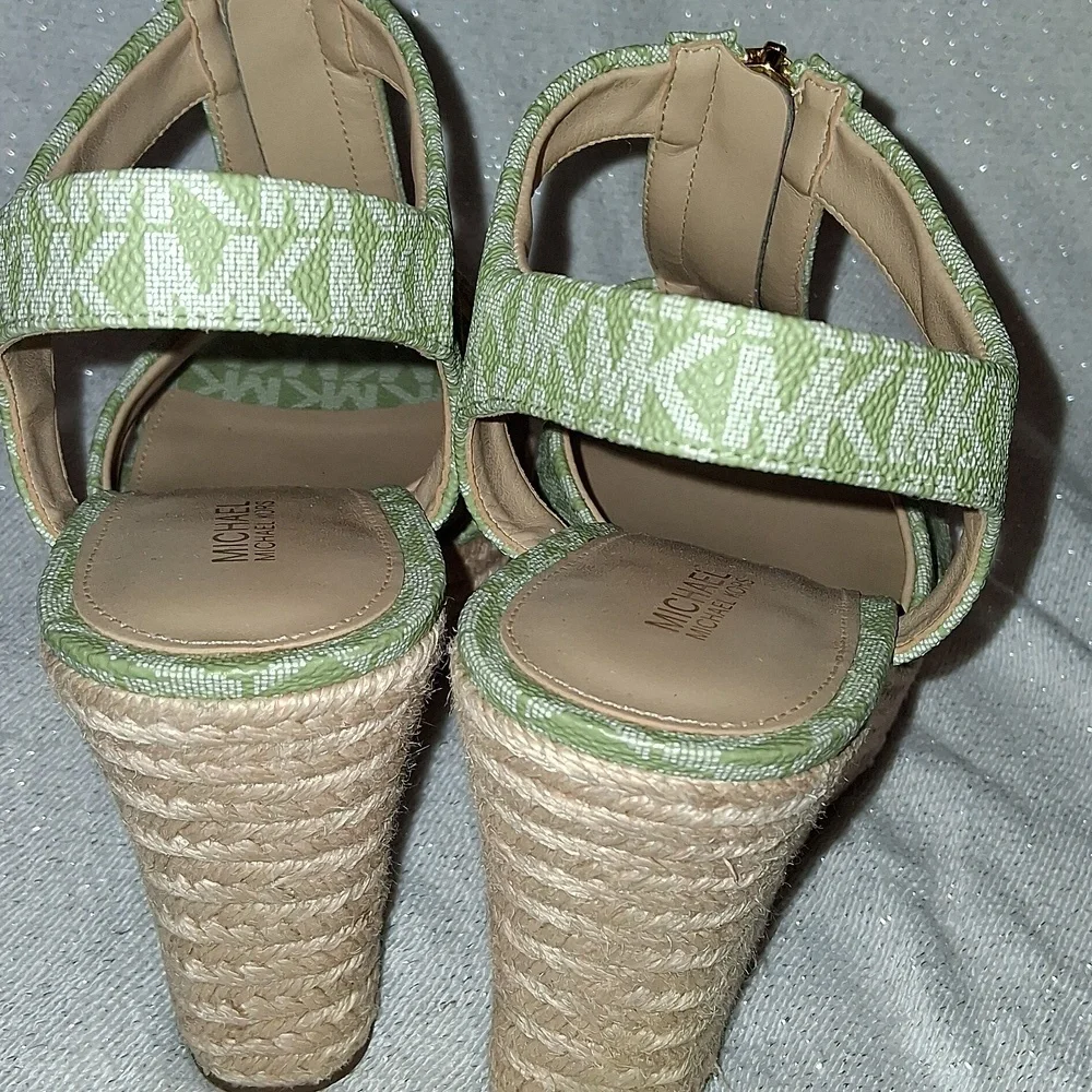 Michael Kors Light Green MK Logo Espadrille Wedge Sandals with Gold Zipper